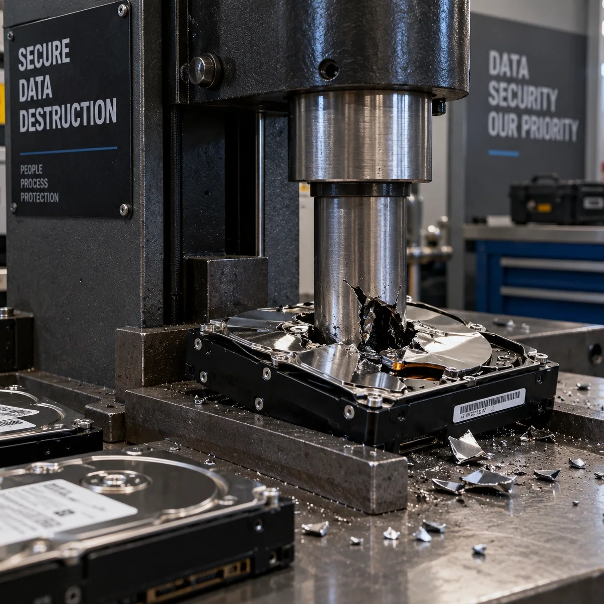 Hard drive physically destroyed using a drive-punching machine