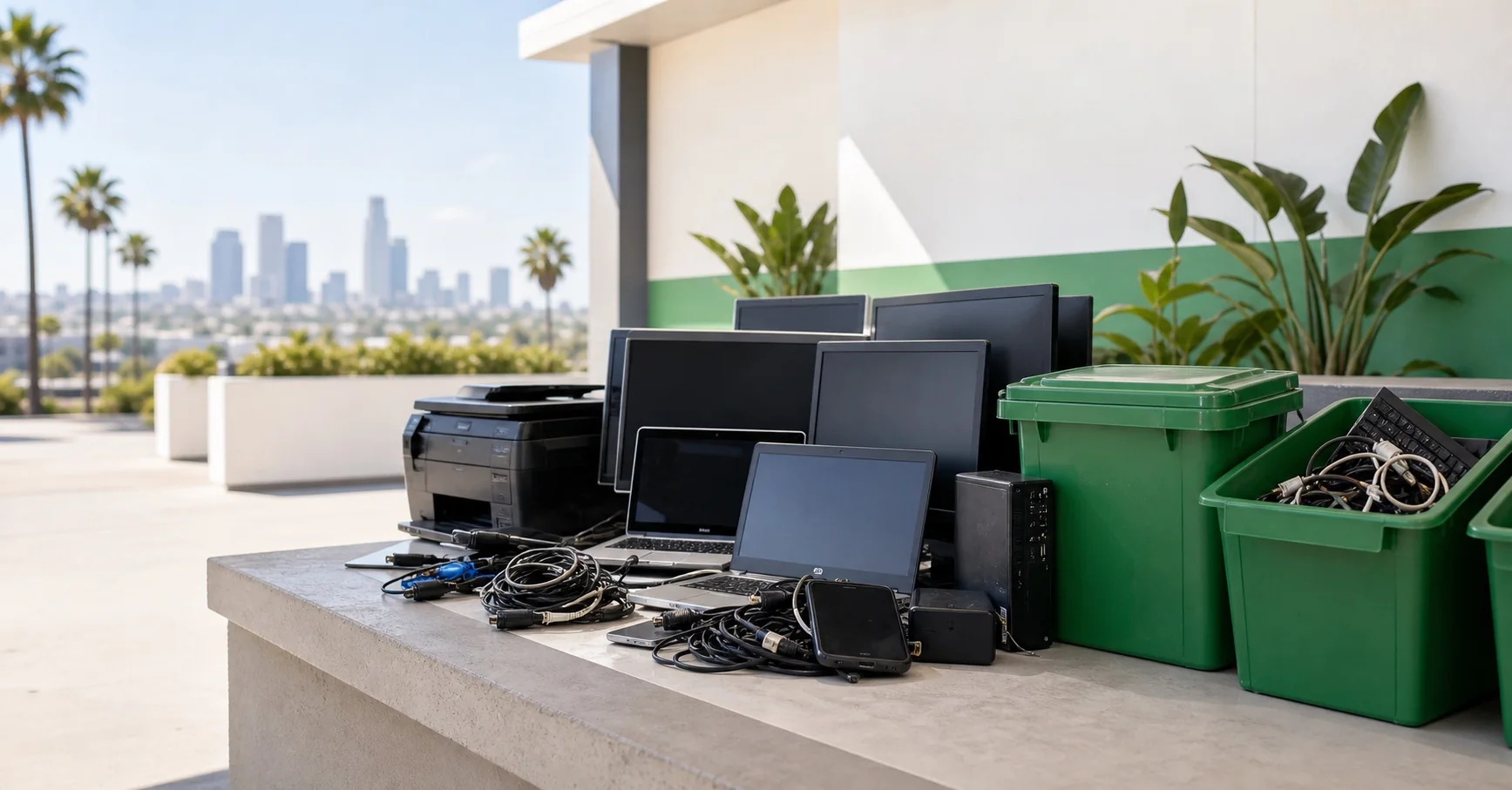 Business computers, monitors and office electronics prepared for recycling in Los Angeles